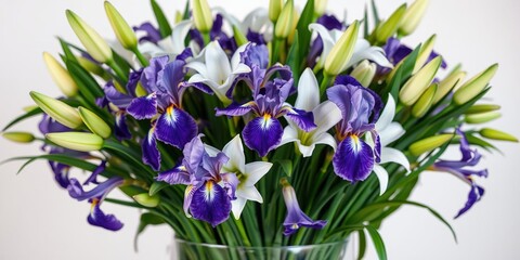 A large vase filled with an arrangement of fresh purple irises and white lilies, vases decor, © Kingphet