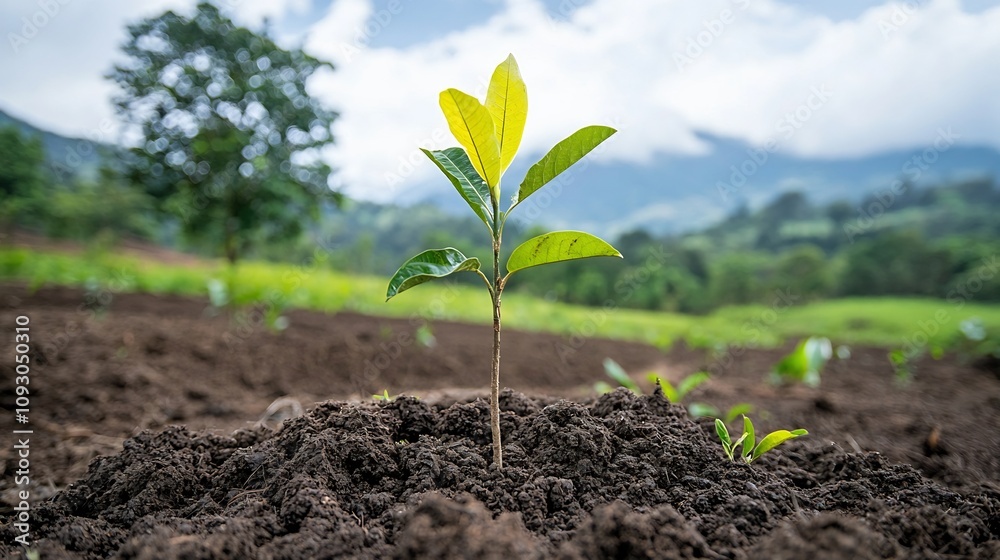 Poster closeup of a thriving young tree sapling growing in fertile soil during a reforestation initiative s