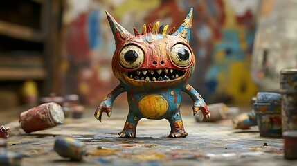 A hand-painted monster art toy with organic shapes, photographed mid-process with splattered paint surrounding it