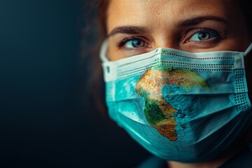 Healthcare worker with earth-themed mask and surgical cap close-up
