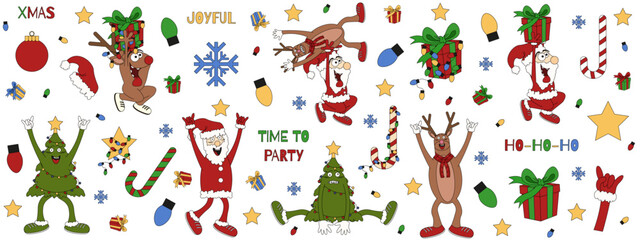 Big Funky Christmas Characters set isolated white background. Santa claus Reindeer Christmas ball star tree in trendy flat Cartoonish style. Vector illustration for festive Xmas design. 