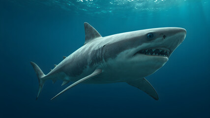 Fototapeta premium 8K Sea Creature Background with a Great White Shark Floating in Deep Sea Water. Deep blue background