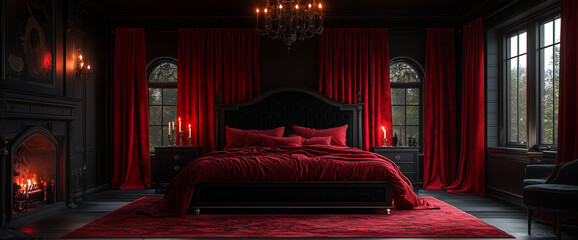 Gothic bedroom with dark red velvet curtains.