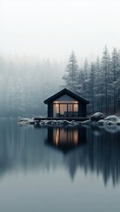 Obraz premium Serene lakeside cabin surrounded by foggy winter landscape at dusk