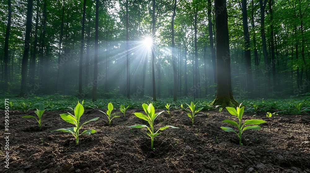 Poster sunlight shining on newly planted saplings in a recovering forest symbolizing hope and the promise o