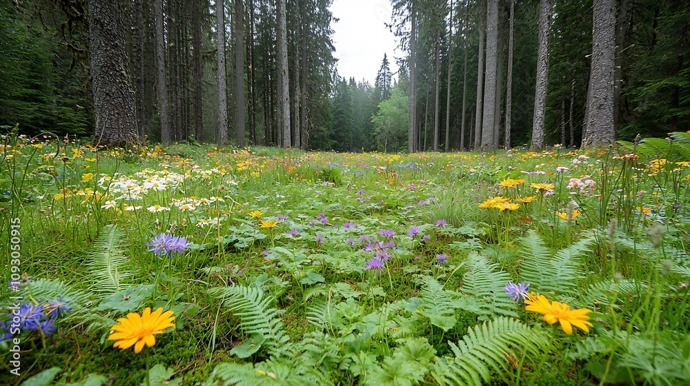 Aufkleber scenic view of a vibrant forest floor covered in a lush carpet of ferns and blooming wildflowers sur