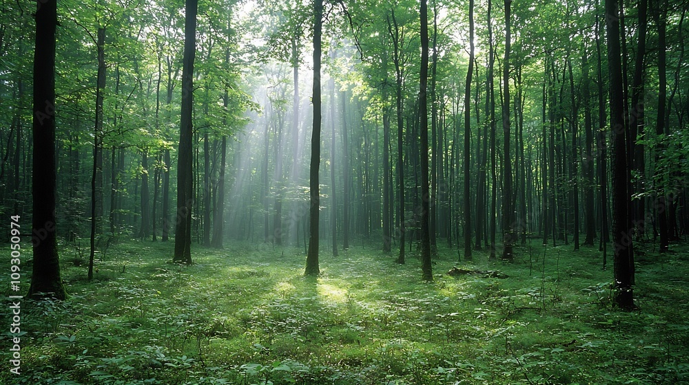 Poster sunlight streaming through the dense forest canopy highlighting the rich and vibrant flora that flou