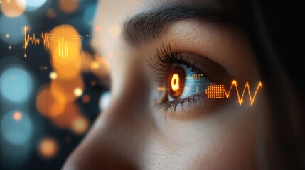 Woman's eye with a futuristic digital financial graphical chart.