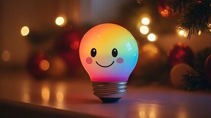 A playful Christmas light bulb art toy with a smiling face, glowing vividly in rainbow colors, set on a festive mantle