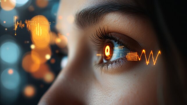Woman's eye with a futuristic digital financial graphical chart.
