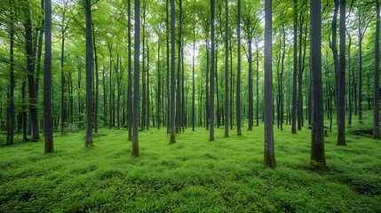 Fototapeta premium Majestic woodland landscape with towering trees reaching towards the sky showcasing the lush green foliage and natural beauty of this verdant ecosystem