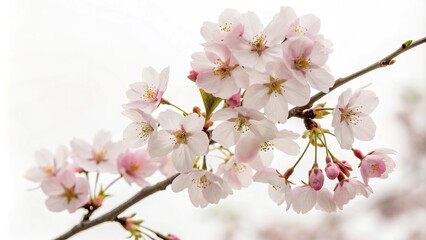 A loose cluster of pale pink cherry blossoms on a plain white canvas, watercolor painting, soft focus, gentle hue, serene landscape, flower arrangement