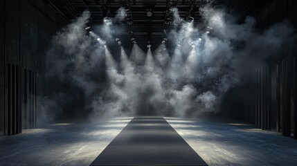 Dimly lit runway with thick smoke and bright lights