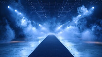 Blue-lit stage with thick fog creating a suspenseful vibe.