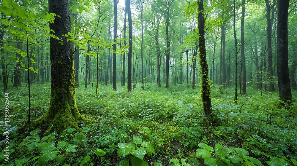 Poster Lush verdant forest ecosystem with a variety of plants vines and moss covered trees showcasing the complexity and beauty of natural environments