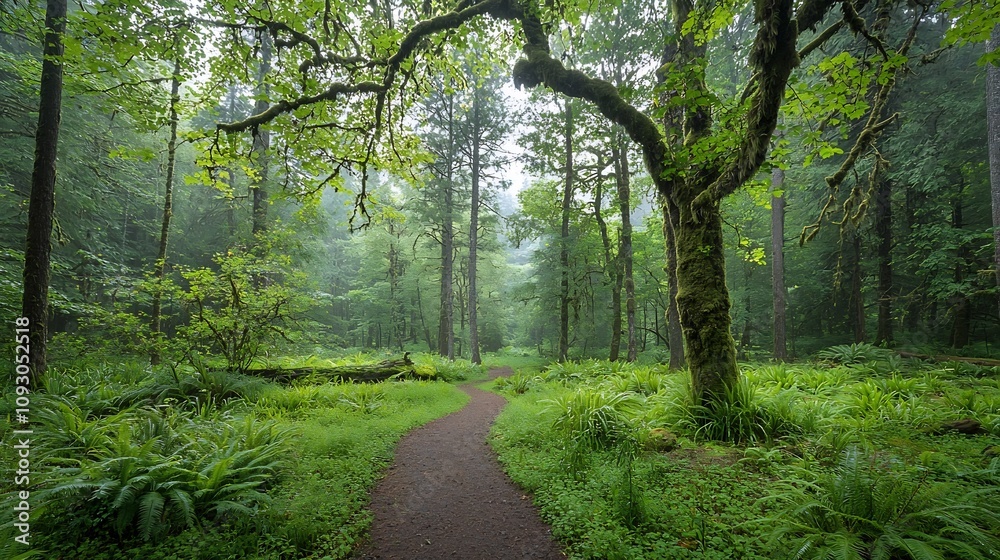 Poster Lush and vibrant forest landscape with a tangle of vines moss covered trees and a dense untamed undergrowth showcasing the complexity and beauty of natural ecosystems