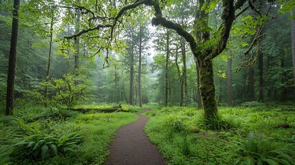 Fototapeta premium Lush and vibrant forest landscape with a tangle of vines moss covered trees and a dense untamed undergrowth showcasing the complexity and beauty of natural ecosystems