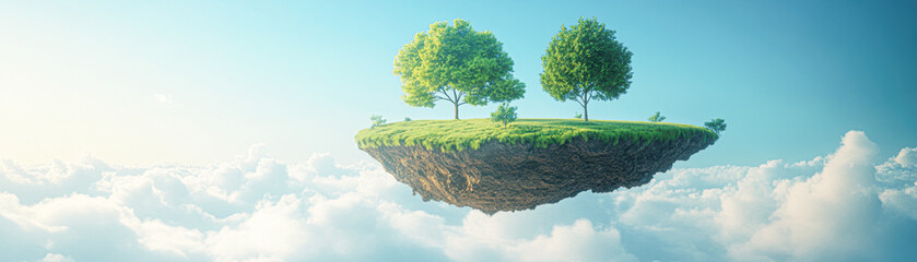 Obraz premium Tranquil Isometric Floating Island with Verdant Green Lawn and Exposed Layers, Surreal Serenity