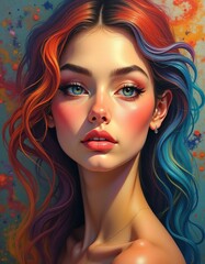 Fototapeta premium marble colorful painting art, female faces of different nationalities with cheekbones and lips, smiling faces with prominent cheekbones and smooth facial features, red, blue, green, yellow, purple, or