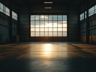 Sunset behind industrial window, interior glowing view.