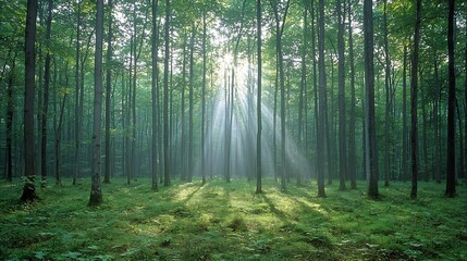 Obraz premium Towering Evergreen Trees in a Lush Dense Forest with Sunlight Beams Filtering Through the Verdant Foliage Showcasing the Serene Beauty of Nature