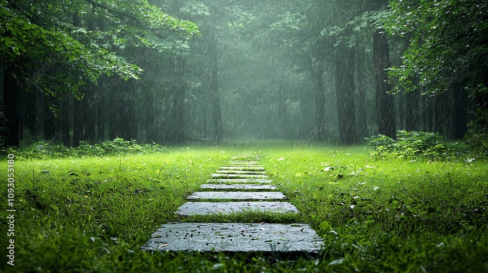 Poster Captivating pathway winding through a lush verdant forest filled with majestic towering trees that showcase the enchanting wonder and natural beauty of an undisturbed pristine wilderness