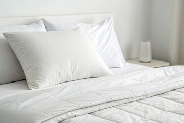 A minimalist setup featuring a single white pillow against a plain white comforter on a low-profile bed, interior design, white, pillow