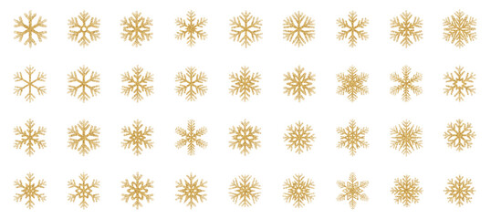 Set Snowflakes icons. Shiny Golden Glitter Snowflake collection. Winter snow. Merry Christmas pattern. Vector Illustration