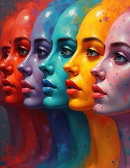 Obraz premium marble colorful painting art, female faces of different nationalities with cheekbones and lips, smiling faces with prominent cheekbones and smooth facial features, red, blue, green, yellow, purple, or