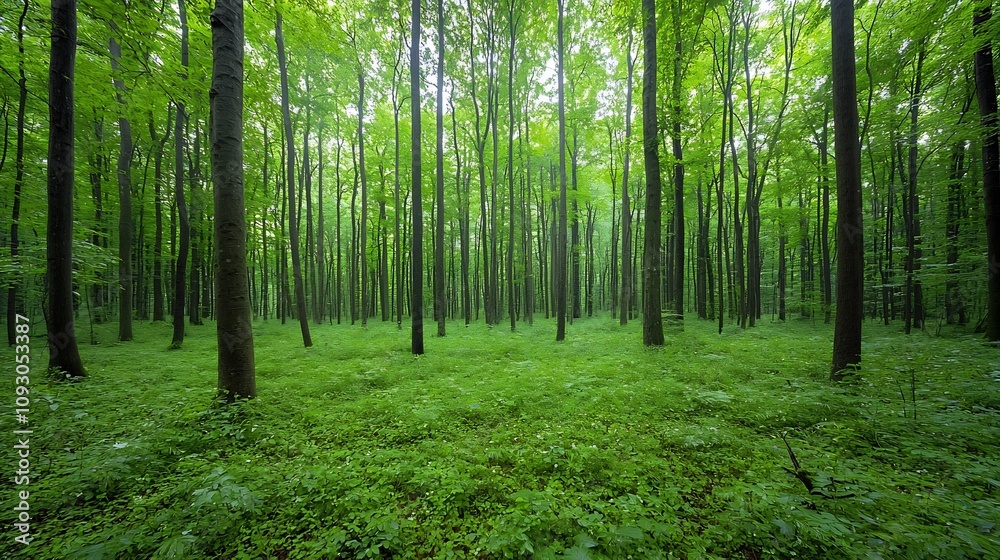Aufkleber tranquil and serene forest landscape with towering trees and lush undergrowth representing the rich 