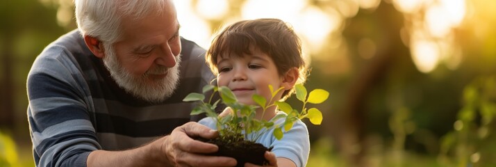 A heartwarming moment captured between a grandparent and a child joyfully planting a small plant, showcasing the beauty of intergenerational connections and nurturing nature.