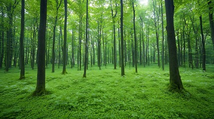 Fototapeta premium Captivating forest landscape with towering trees and lush verdant undergrowth that symbolizes the balance harmony and richness of the natural world This tranquil
