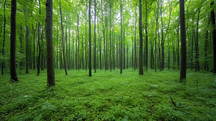 Tranquil and Serene Forest Landscape with Towering Trees and Lush Undergrowth Representing the Rich Diversity and Balance of the Natural World