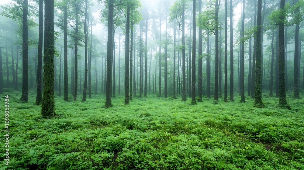 Aufkleber misty forest landscape with layered vegetation and tall trees representing the calm and untouched be