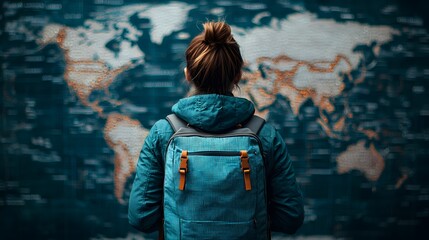 Obraz premium Exploring the World: A Young Adventurer Contemplates Destinations on a Vibrant Map Background. Adaptability Quotient Concept