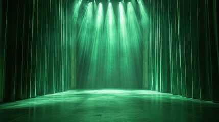Fototapeta premium Green stage with dramatic lighting and green curtains