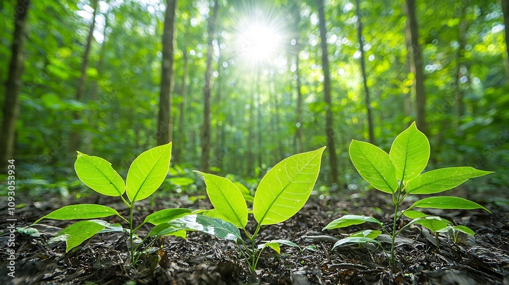 Poster lush verdant foliage with sunlight filtering through the canopy creating a serene and picturesque fo