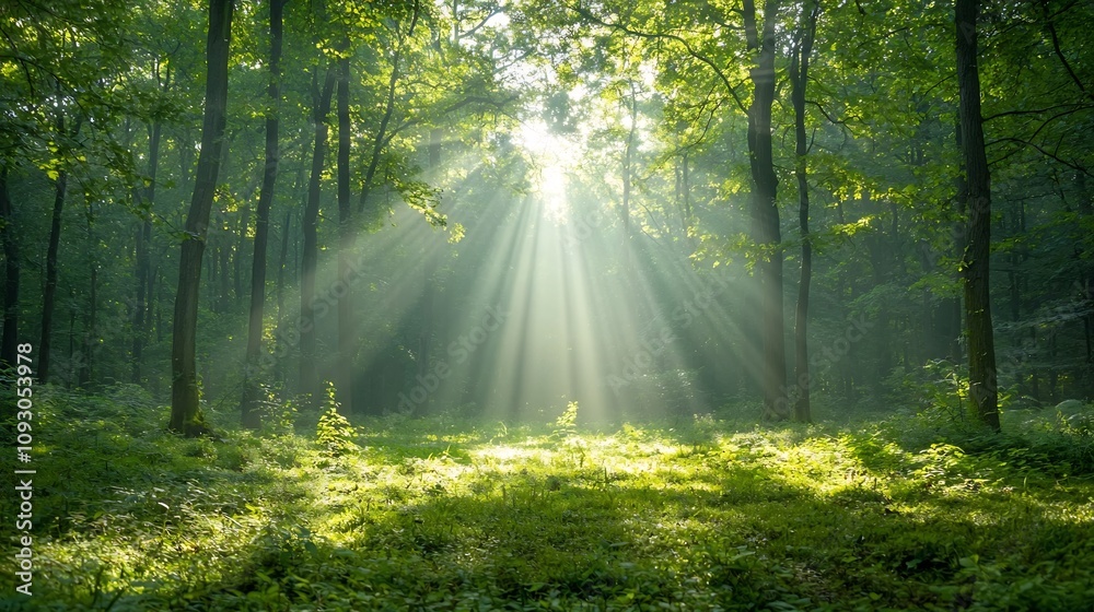 Poster a sun dappled forest scene with lush green foliage filtering the golden rays of light showcasing the