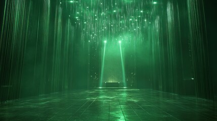 Enigmatic green light installation in dark hallway