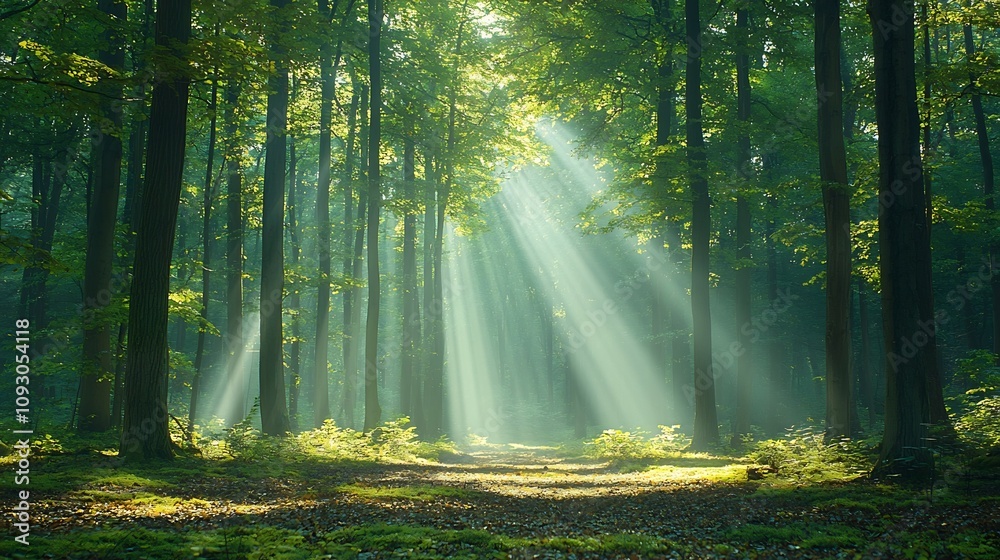 Poster sunlight filtering through a lush verdant forest canopy highlighting the beauty and renewal of a thr
