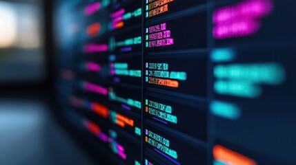 Colorful Code Display on a Dark Background Showcasing Programming Languages and Data Analysis Techniques in a Futuristic Digital Environment