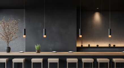 Modern minimalist interior design with wooden elements and elegant lighting in a dining area