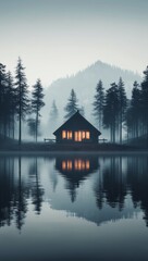 Fototapeta premium Serene lakeside cabin surrounded by foggy winter landscape at dusk