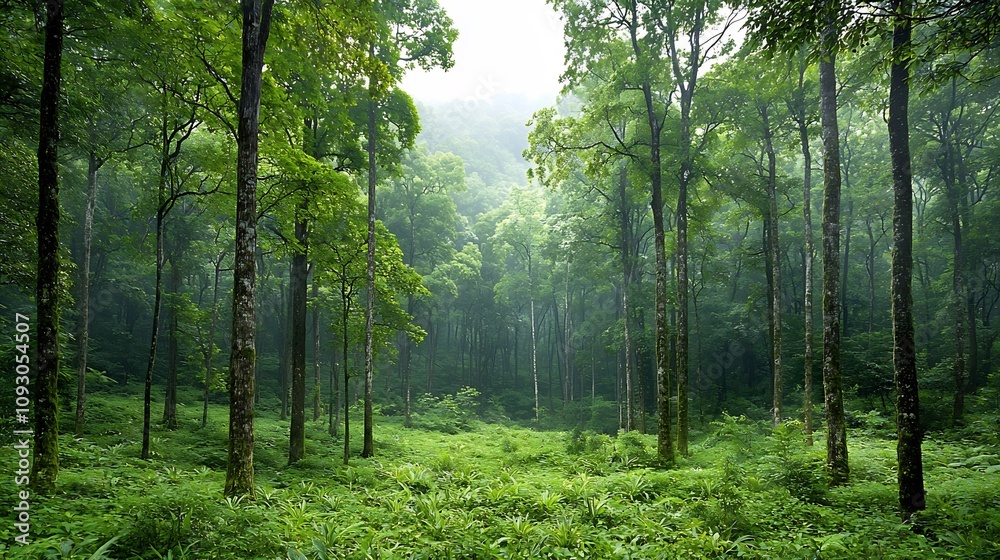 Aufkleber Majestic forest scene featuring towering ancient trees reaching up towards the sky and lush verdant undergrowth representing the diversity and tranquility of the natural world
