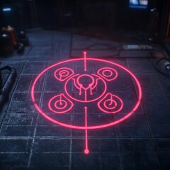 Glowing red neon symbol on dark metallic surface.