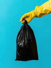 Vibrant yellow glove grips tightly on trash bag