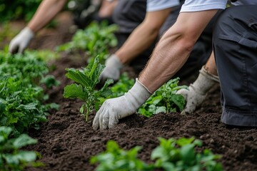 Fototapeta premium Hands gently planting seedlings in rich soil during a community gardening project in springtime
