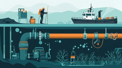 Obraz premium of an underwater scene showing a diver equipped with tools inspecting and servicing a subsea pipeline with a support boat visible on the surface above