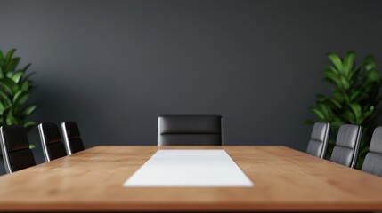 Modern Conference Room with Minimalist Design Featuring a Large Wooden Table Surrounded by Black Leather Chairs and Lush Green Plants in a Contemporary Office Space