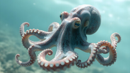 8K Sea Creature Background with Blue-Green Octopus Moving in the Seawater